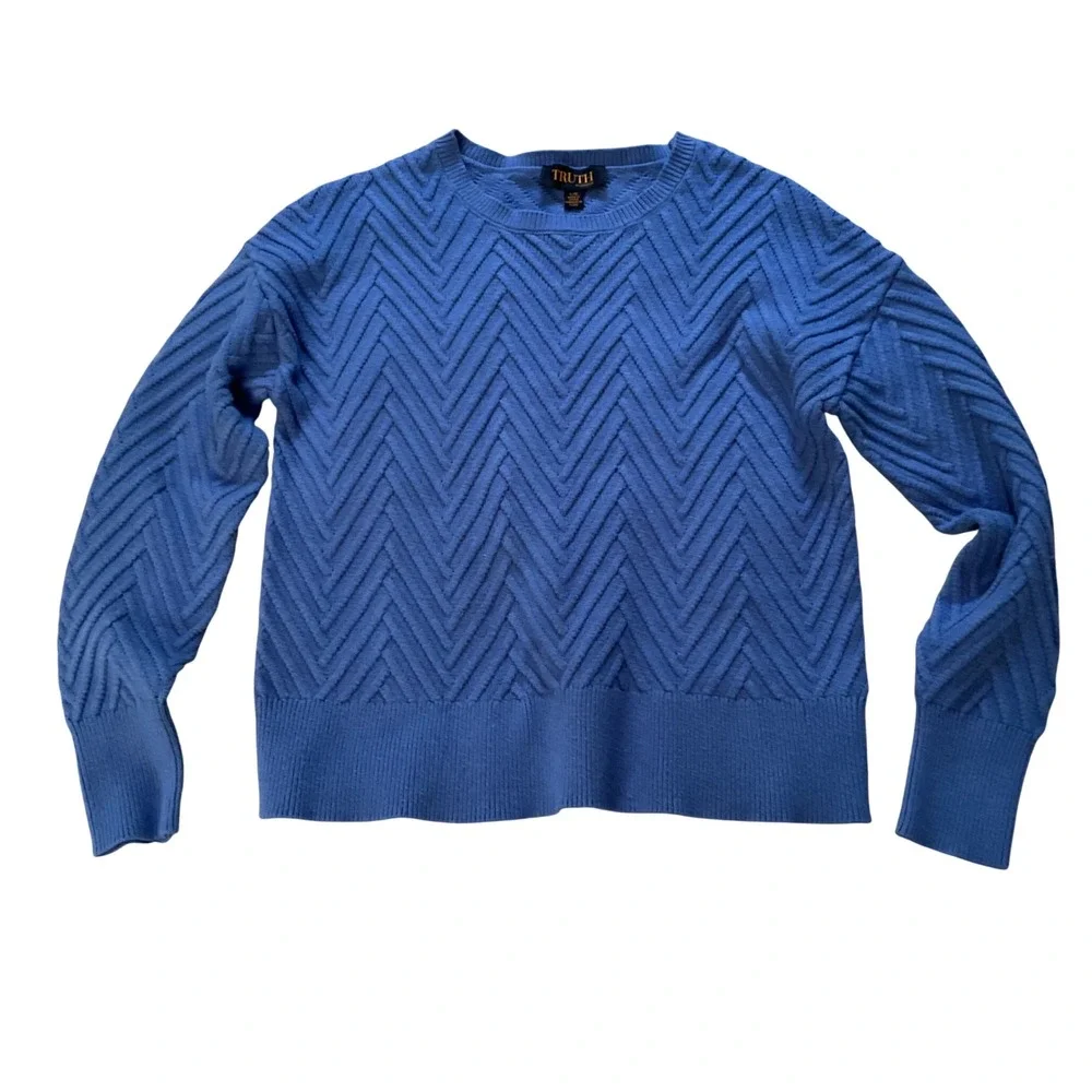Truth by Republic Womens Blue Chevron Textured Knit Crew Neck Sweater Large